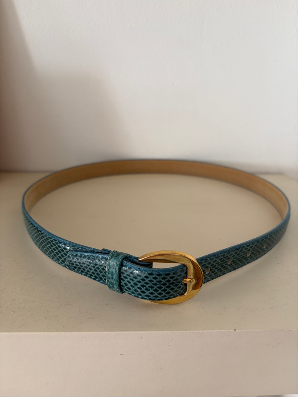 Women’s Vintage Teal Snake-Embossed Leather Belt with Gold Buckle